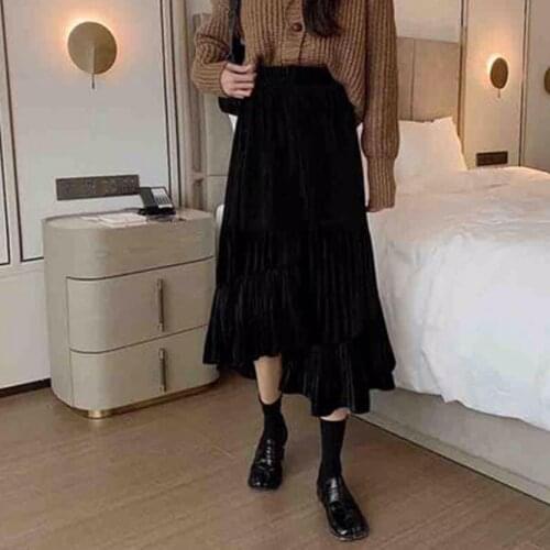 2021 New Woman Golden Velvet Pleated High Waist Slim Casual Skirt Mid Length Autumn Winter A-line Skirt Girl Daily Black