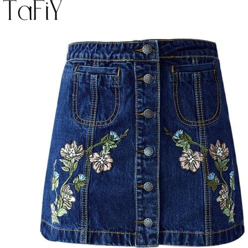 TaFiY 2017 Women 3D Embroidery High Waist Denim Skirt A-Line Skirts Single-breasted Casual girls Summer jeans Sexy Mini Skirts