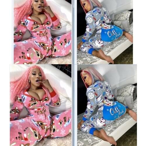 Women Female Autumn Outfit Pajamas Deer Snowman Printing Long-Sleeves Casual Jumpsuit Zipper Romper for Girls Christmas Clothes