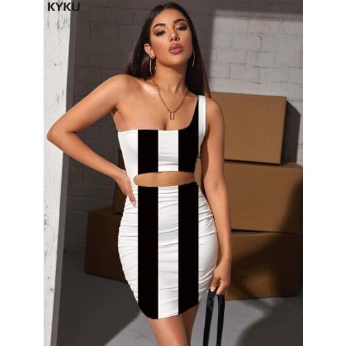 KYKU Stripe Dresses Women Black And White Hollow out Dresses Harajuku Halter Sleeveless Abstract Pleating Womens Clothing Party
