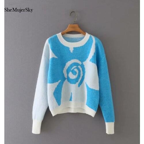 SheMujerSky Women Casual Knitted O-neck Sweaters 2021 Long Sleeve Floral Blue Pullovers Elastic Sweater
