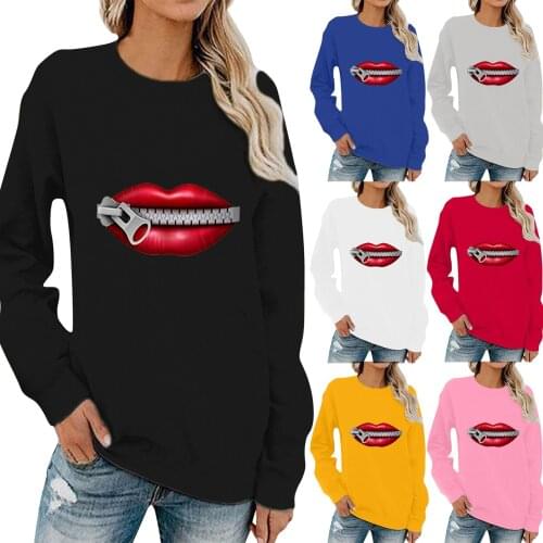 Casual Lip Printing Womens Hoodies Sweatshirts Autumn O-neck Long Sleeve Top Pullover Sweatshirt Sudaderas Con Capucha 2021