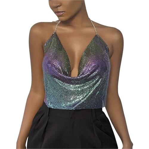 2021 Women Sexy Shiny Metal Crop Backless Summer Beach Party Club Sequin Tops Vest Shirt Ladies Womens Tanks Camis Clothing #556