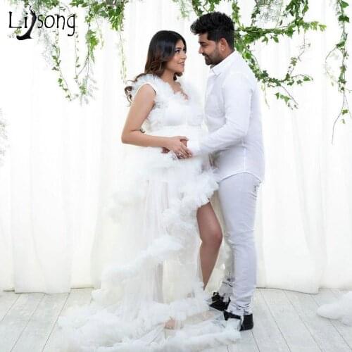 Pretty Couture Maternity Dresses 2021 White Ruched Tulle Long Prom Gowns See Thru Asymmetrical Long Robe Free Size Color