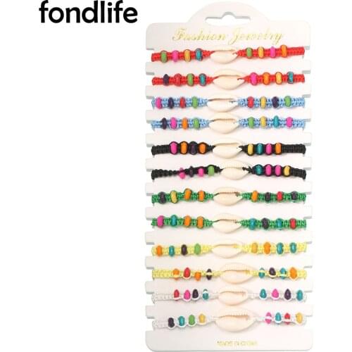 Multicolored Wood Beads Cowrie Seashell Macrame Bracelet Women Kids Red Black Green Yellow Cord Braided 12pcs Wholesale Jewelry