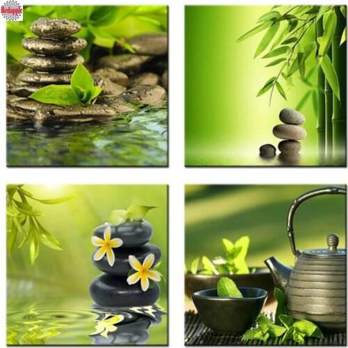 Diamond Painting new Bamboo Green tea with Zen Stone Flower 5d cross stitch 3D embroidery mosaic full rhinestone 4pcs decoration