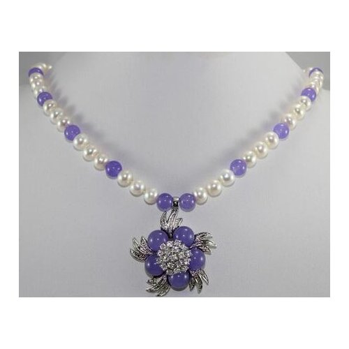White Genuine Freshwater 7-8MM pearl purple Jade necklace 18inches+flower pendant