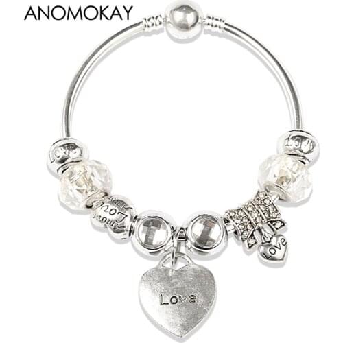 European & American Style Classic White Crystal Glass Bead Bracelet & Bangle Silver Plated Fashion Casual Diy Bead Bangle Gift