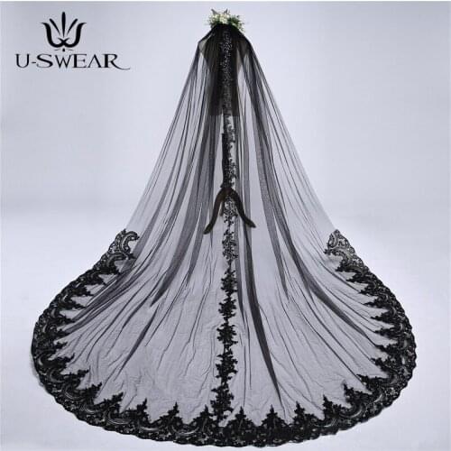 High Quality Luxury Extra Long Black 3M Big Train Lace Appliqued Bridal Veil Bride Velo De Novia Wedding Accessorie Bridal Veils