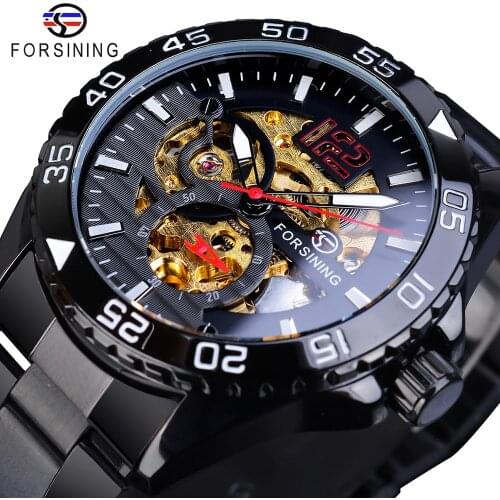 Forsining Fashion Man Clock Mechanical Automatic Mens Watch Luminous Hands Waterproof Black Stainless Steel 2019 Casual Watches