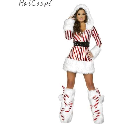 Good Quality Christmas Hoodies Dress White Red Stripes Style Sexy Hot Carnival Party Show Costume Women Slim Cosplay For Adult