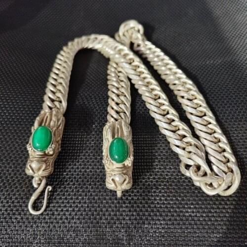 Exquisite China Old National Style Tibet Silver Handwork Loong Head Amulet Auspicious Necklace Statue /6