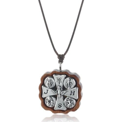 Catholic Christ Geometric Square Wooden Cross Pendant Necklaces for Men Adjustable Rope Chains Collars Religious Jewelry