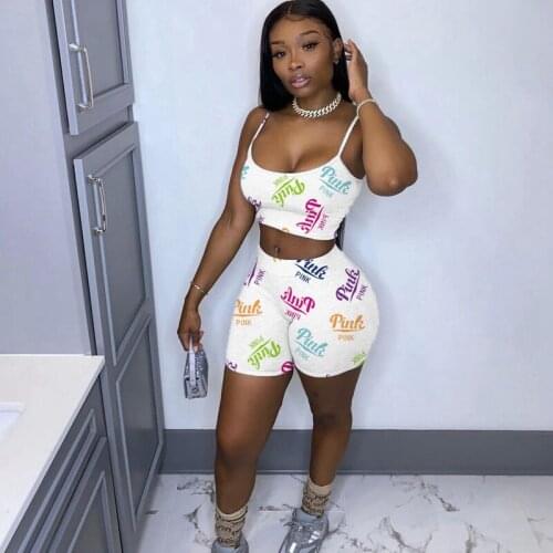 TNNAOFF Aesthetic Print Elastic Two Piece Tracksuits Women Set Sleeveless Sling Vest Sexy Biker Shorts Lounge Wear Matching Sets