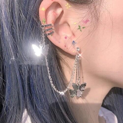 Korean Handmade Butterfly Net Red Tassel Crystal Ear Pin Chain Double Temperament Earrings Ear Bone Nail Ear Clip Free shipping