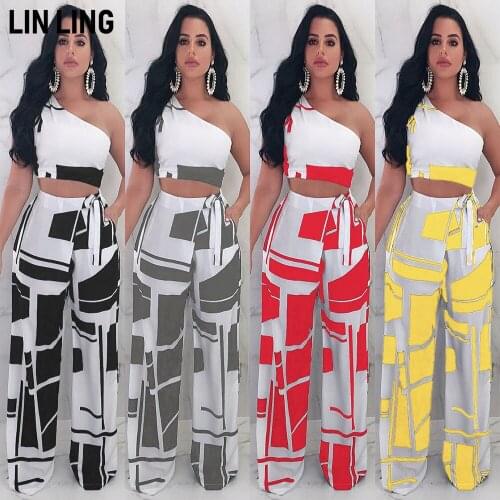 LINLING Women Sleeveless One Shoulder Crop Top High Waist Long Wide Leg Pants 2 Piece Outfits Jumpsuit