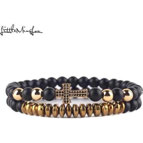 Fashion Natural stone beads Hematite men Bracelet CZ cross charm jesus bracelet set for men bracelets & bangles Jewelry gift