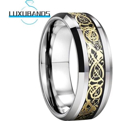 Men Womens Tungsten Carbide Rings 8MM Beveled Edges Gold Dragon Black Carbon Fiber Inlay Polished Finish Comfort Fit