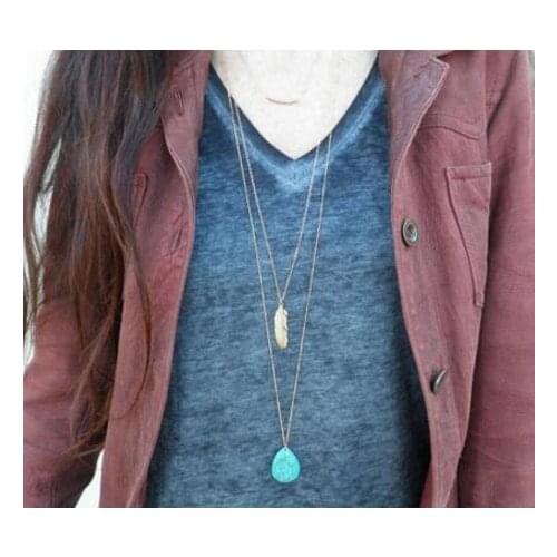 Na858 Punk simple Vintage geometric blue stone water droplets bend tube leaves multi-layer necklace Female charm jewelry