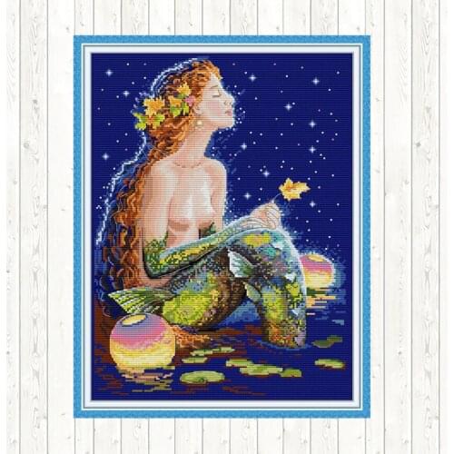 Mermaid Under The Stars Cross Stitch Kits Counted Printed Canvas 14CT 11CT Handmade Embroidery Thread Kit DIY for Needlework Set