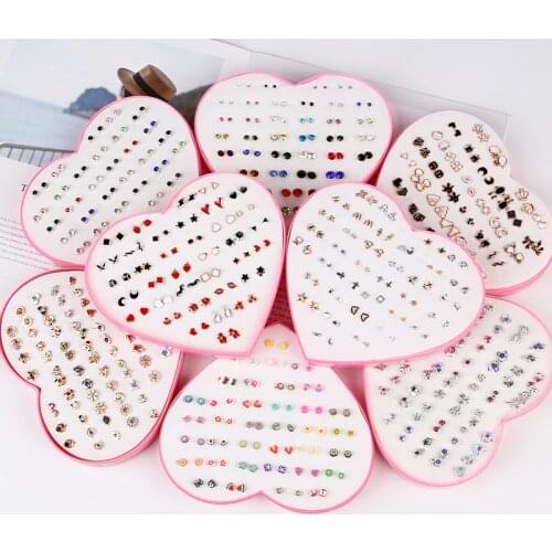 36Pairs/lot Women Star Moon Small Stud Earrings Set Girls Flower Geometric Crystal Plastic Earrings Jewelry Party Christmas Gift