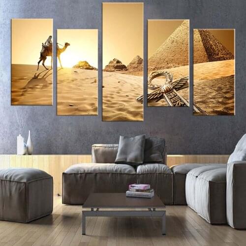 Canvas Wall Art HD Printed Modular Pictures 5 Pieces Sunset Egypt Pyramid Paintings Living Room Modern Landscape Posters frame
