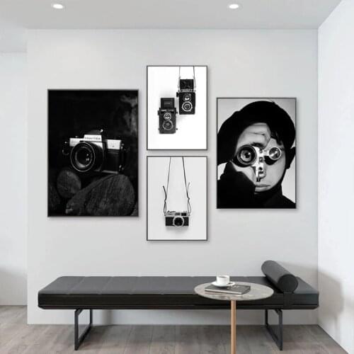 Nordic Back and White Art Retro Camera Women Canvas Painting Modern Minimalism Posters and Prints for Living Room Home Decor