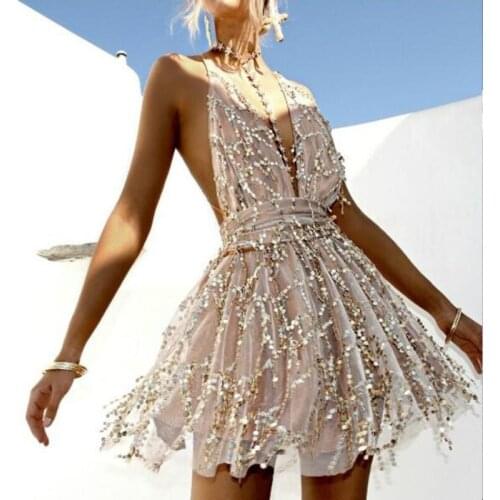 2019 new Party dresses Sexy Dresses Women Backless Halter Black Gold Mini Dress Party Tassel Summer Dress Women Club Wear