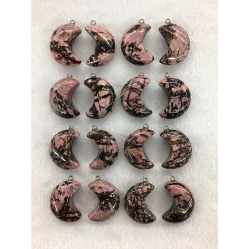Wholesale 10pcs/Pack Natural Rhodonite Bead Pendant,Moon Shape Gem Stone Jewelry Necklace DIY,30x12mm