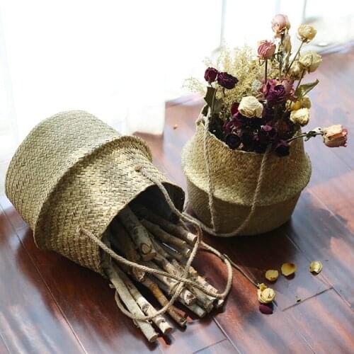 Handmade Seagrass Storage Basket Planter Hanging Basket Nordic Foldable Laundry Wicker Rattan Belly Garden Flower Pot Home Decor