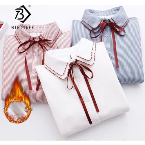 2018 Winter Thicken Button Up Long Sleeve Fleece Shirt Lace Up Bow Plus Velvet Warm Thermal Blouse Feminina Plus Size T80403F