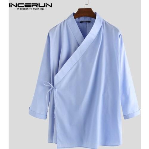 INCERUN Chinese Style Men Shirt Solid Hanfu Long Sleeve Lace Up 2021 Stand Collar Vintage Male Shirts Elegant Retro Camisa S-5XL