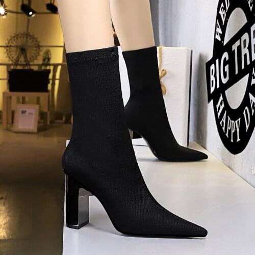 Mid-Calf Boots 2020 New Knitting Wool Boots Chunky Block heels High Heels Fetish Sexy High-Heeled boots Silk Shoes Women Boots