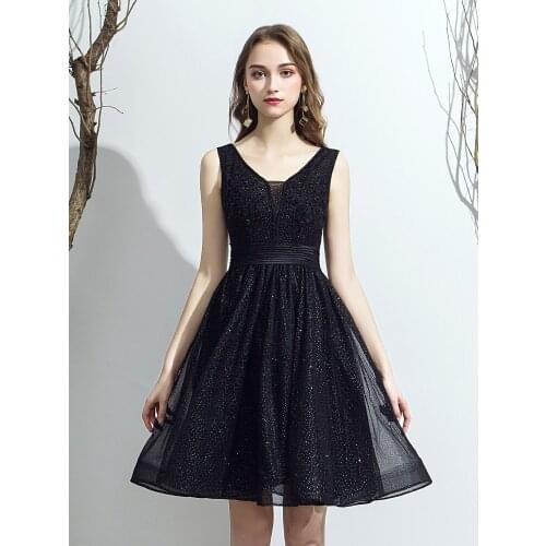 Evening Dresses Female Fashion Korean Style 2019 Black Birthday Banquet Dresses Sleeveless Beaded V-neck Back Lace Up