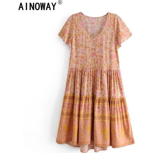 Vintage chic women botton floral print deep V-neck Bohemian mini dress Ladies short sleeve Boho happie dresses vestidos