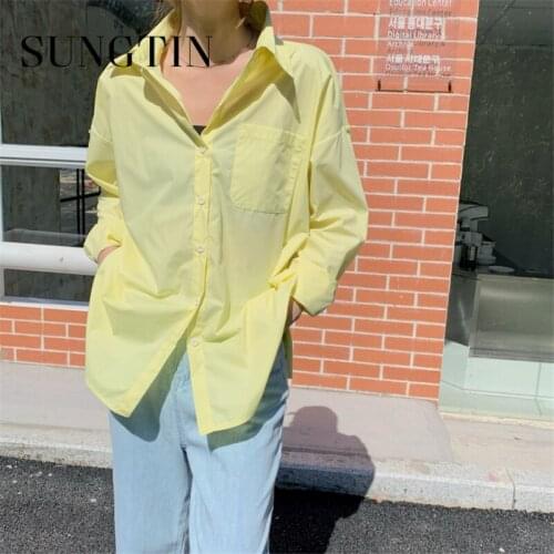 Sungtin Korean Fashion Solid Loose Blouse Shirts for Women Casual Button Up White Blouses Basic Straight Cozy Long Shirt Tops BF