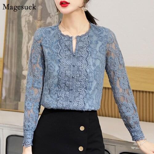 Fall 2021 Women Clothing Lace Blouse Women Floral Long Sleeve Slim Shirt Women Embroidery Plus Size Vintage Womens Blouses 10357