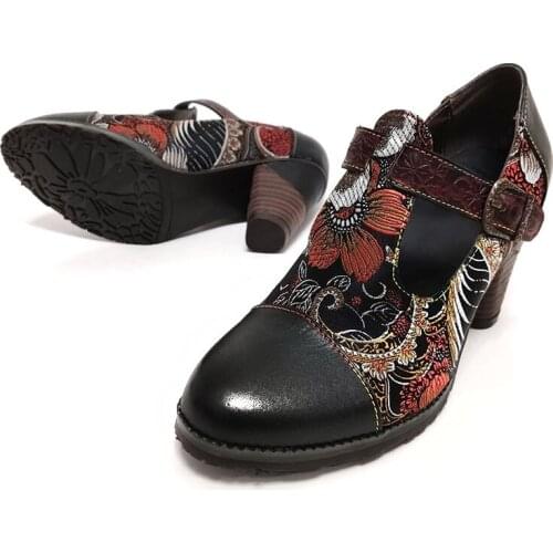 YourSeason WomenS Shoes Genuine Leather Embroidery Cloth Round Toe Ladies Casual Retro Buckle Strap Sewing Pumps 2020