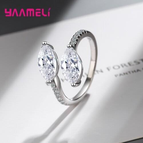 925 Sterling Silver Austrian Crystal Finger Rings for Women Marquise Cubic Zircon Open Wedding Band Adjustable Jewelry