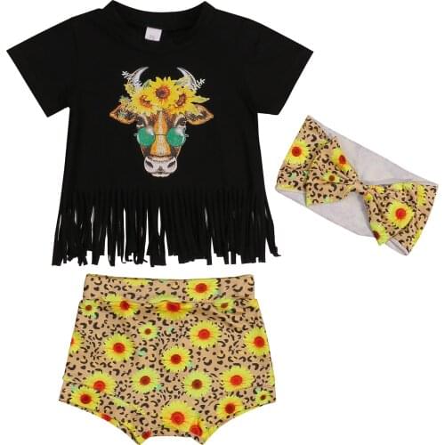 2021 0-24M Baby Girl Clothing Set Sweet Cow Floral Print Short Sleeve Tassels T-shirt Top+Sunflower Leopard Shorts+Headband 3pcs