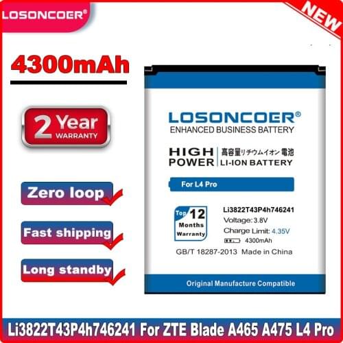 LOSONCOER 4300mAh Li3822T43P4h746241 For ZTE Blade A465 A475 L4 Pro / TWM Amazing X3s /Telstra 4GX HD Battery + Tracking number