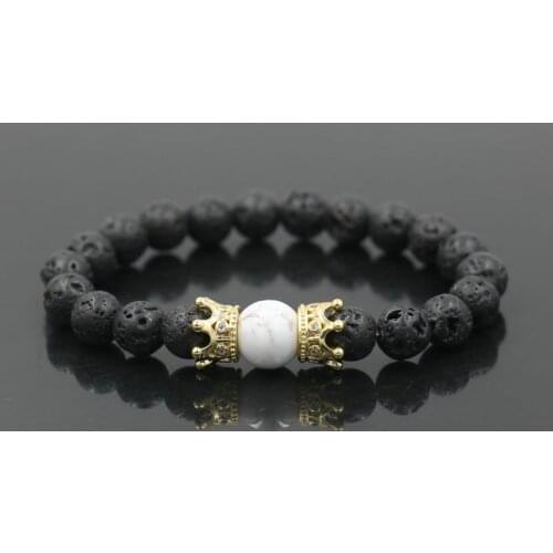 Beads Bracelet For Men Gold Micro CZ Crown Lava Stone Tiger Eye Men Bracelet Charm Couples Distance Bracelets For Men Jewelry