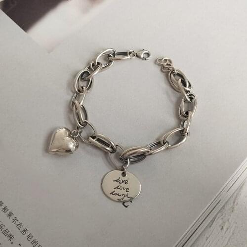 925 Sterling Silver Bracelet Fashion ChainBracelet Heart key English Round Card Retro Craft Personality Female Girl Hand Jewelr