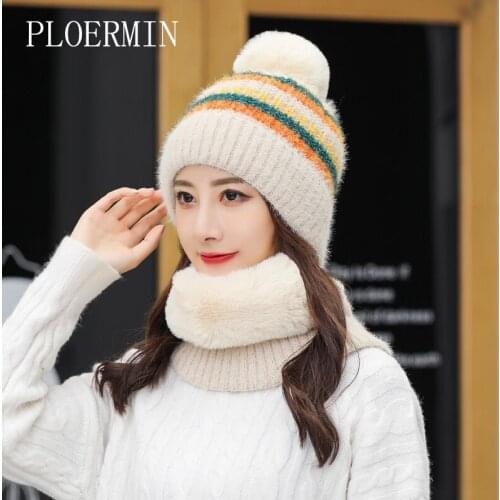 Brand New Winter Visor Hats Women Mixed Color Knit Beanie Skullies Hat Female Thick Velvet Hair Ball Warm Bonnet Caps Bib Set