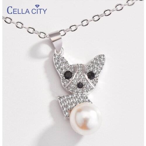 Cellacity Trendy Silver 925 Jewelry Cute Puppy Pendant Necklace for Women Shell Pearl Animal Dog AAA Zircon Female Neck Ornament
