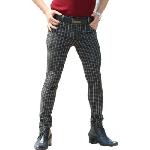 Pattern Black and white plaid jeans Elastic tight trousers mens pants mens feet trousers fashion pantalon homme street novelty
