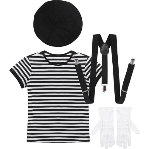 Kids Clothes Striped T-shirt Tops With Beret Gloves Suspenders 4Pcs Set Children French Mime Artist Fancy Dress Costume Outfit