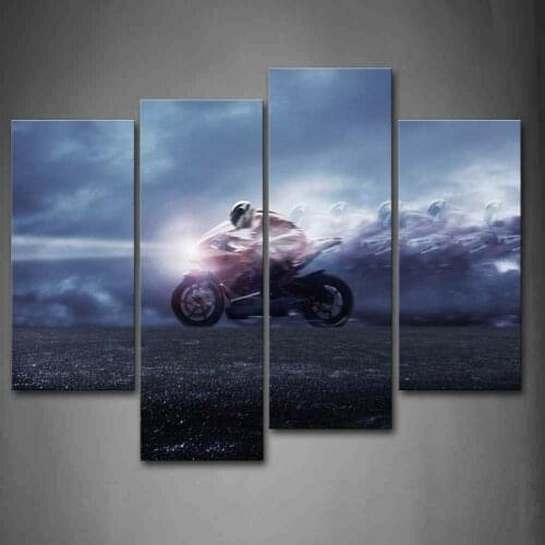 HD Print 4 Piece Blue Man Motorcycle Race Canvas Wall Art Painting Modular Pictures On The Wall Sitting Room No Framed