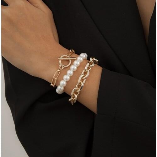 Fashion OT Buckle Bracelet Set For Women Gold Silver Color Imitation Pearls Chain Bangle Bracelets On Hand Bohemian Jewelry