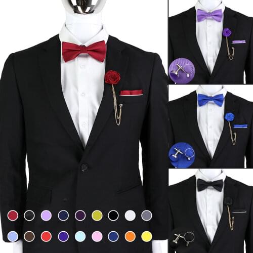 New Mens Solid Color Bowtie Set Polyester Pocket Square Cufflinks Flower Brooch Red Blue Fashion Collocation For Wedding Party